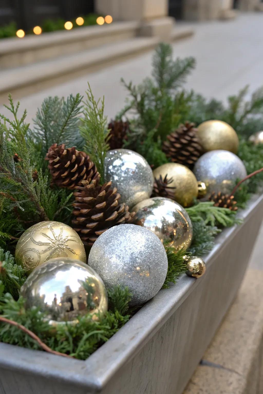 Ornaments add festive sparkle to Christmas planters.