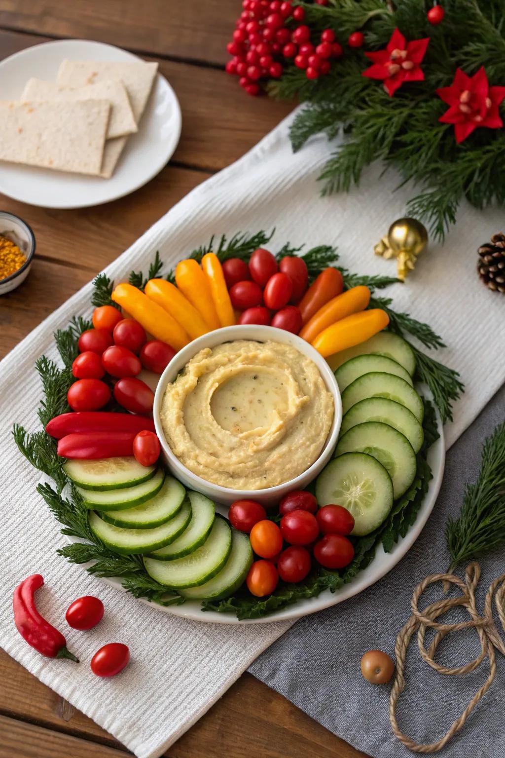 A festive vegetable wreath served alongside a creamy hummus dip.