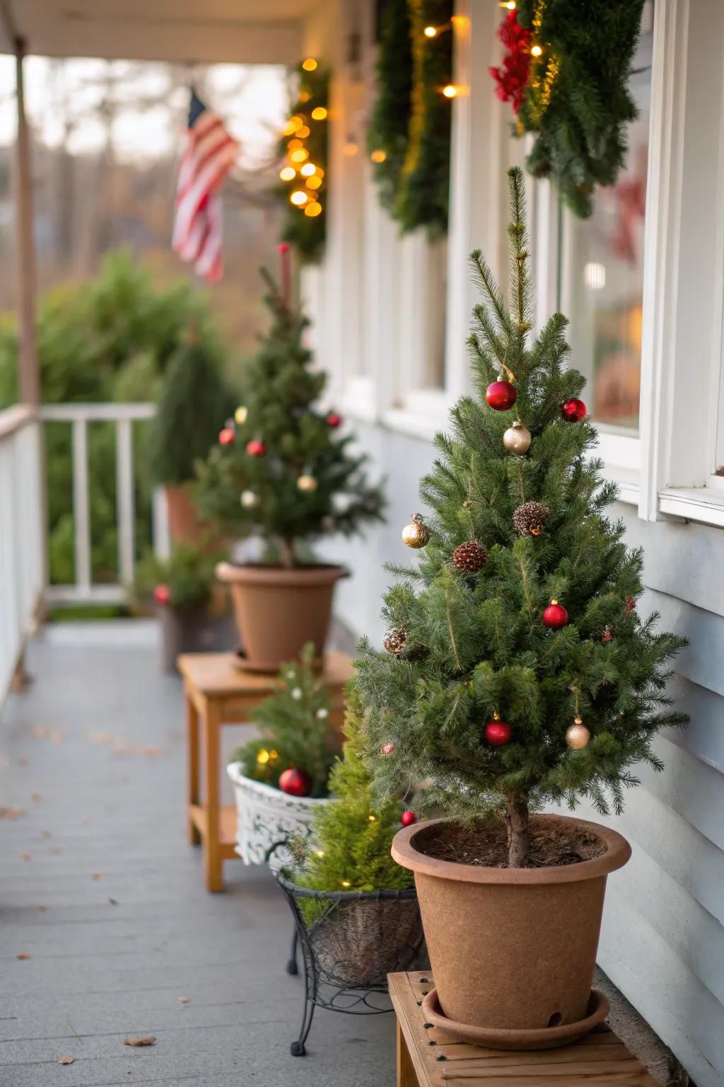 Teeny holiday trees lend a whimsical woodland charm to any porch.