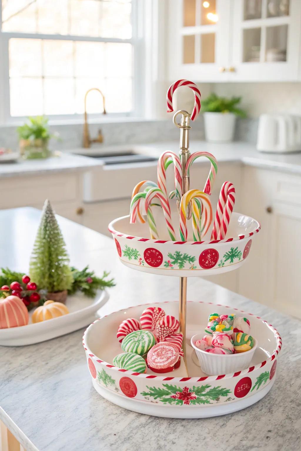 Sweet candy cane delights adorn this cheerful tiered stand.