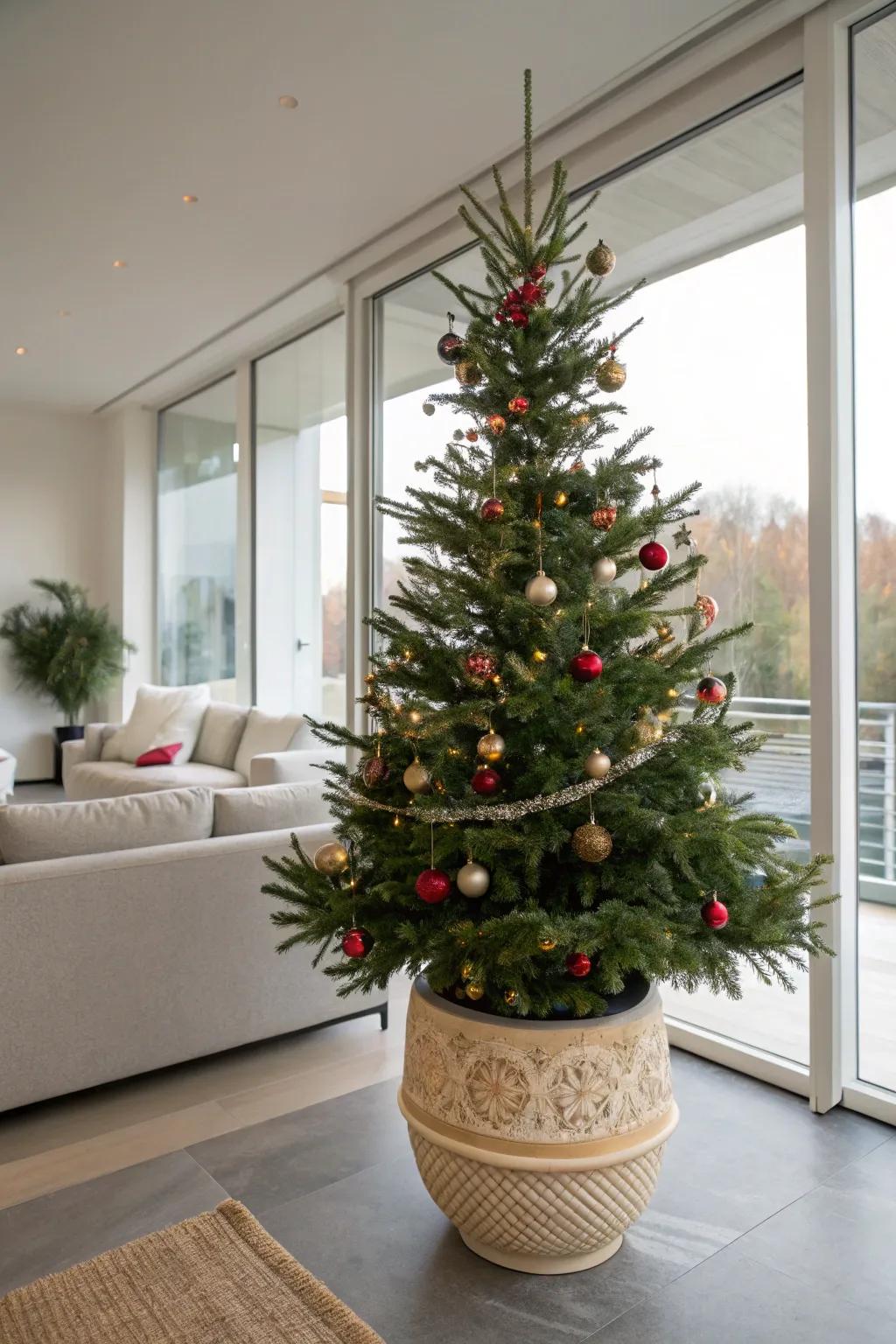 A pot adds refinement and altitude to your tree.