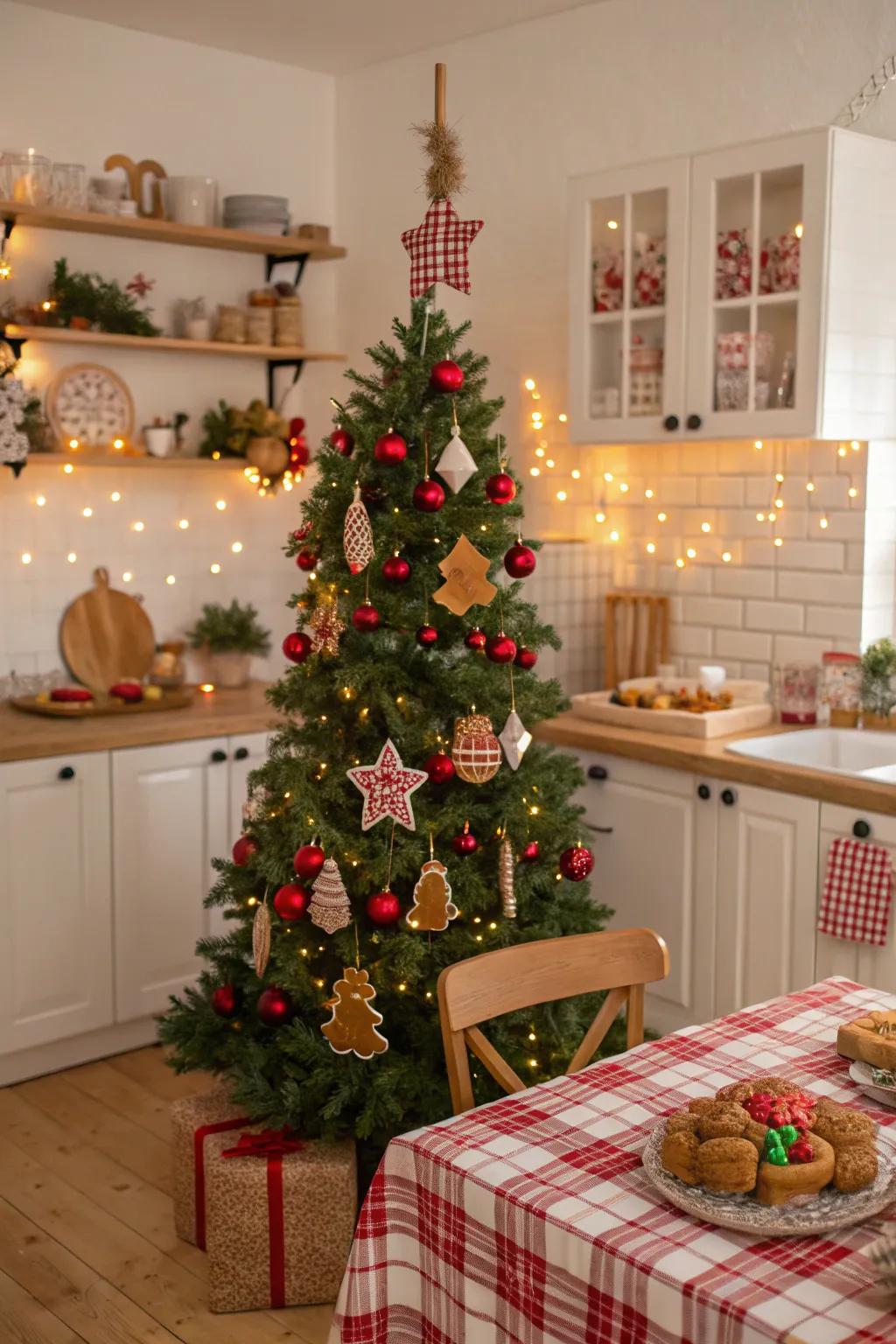 A charming Christmas tree adorned with gingerbread-themed ornaments and colorful lights, filling the room with holiday cheer.