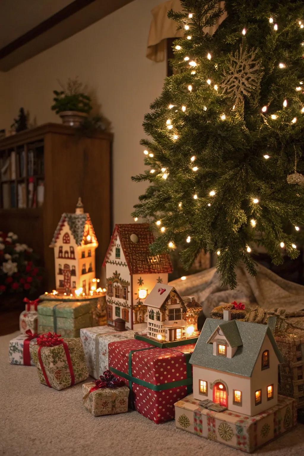 A quintessential Christmas hamlet presentation nestled beneath the tree for heightened enchantment.