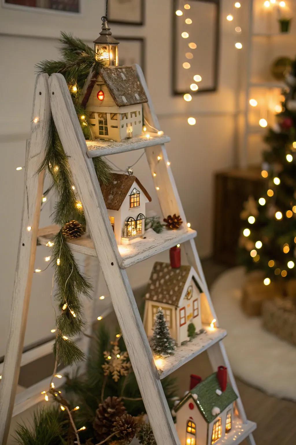 A ladder provides a unique, multi-level display for a Christmas village.