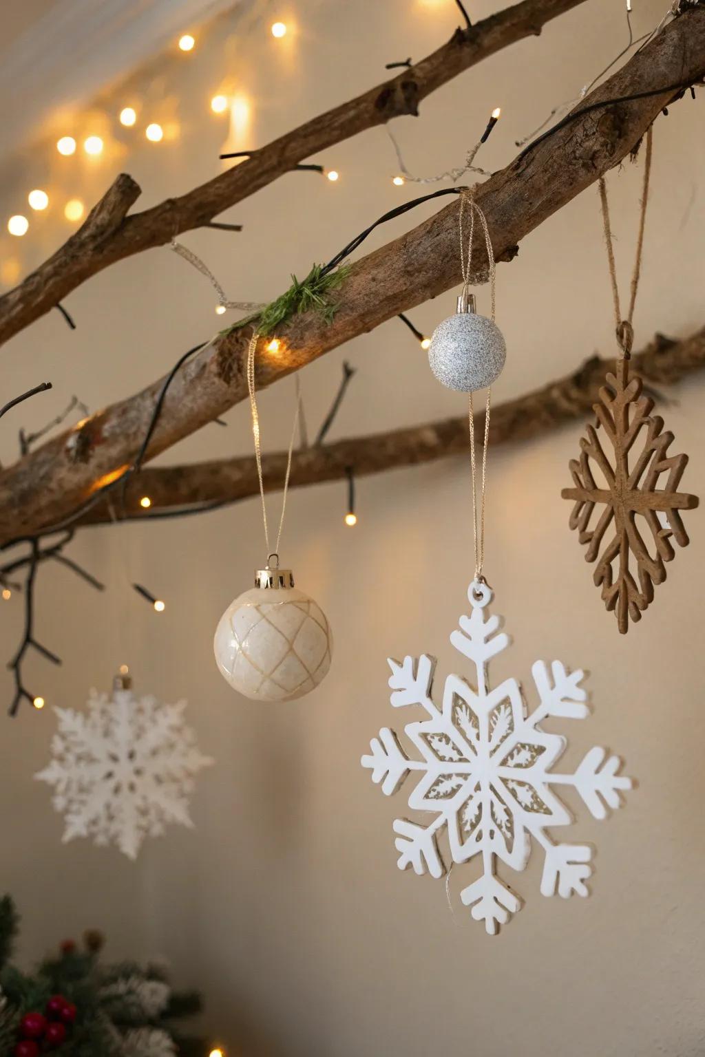 A rustic branch brings whimsical charm to the holiday decor.