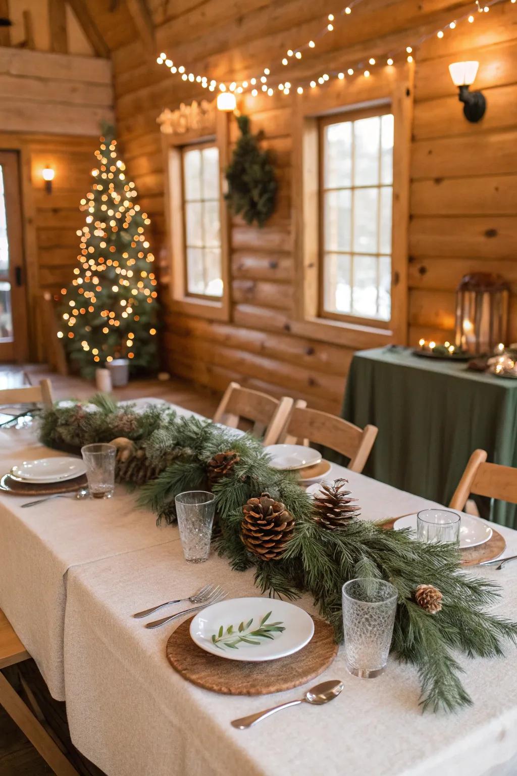 Homespun woodland charm highlighted with cones and evergreens.