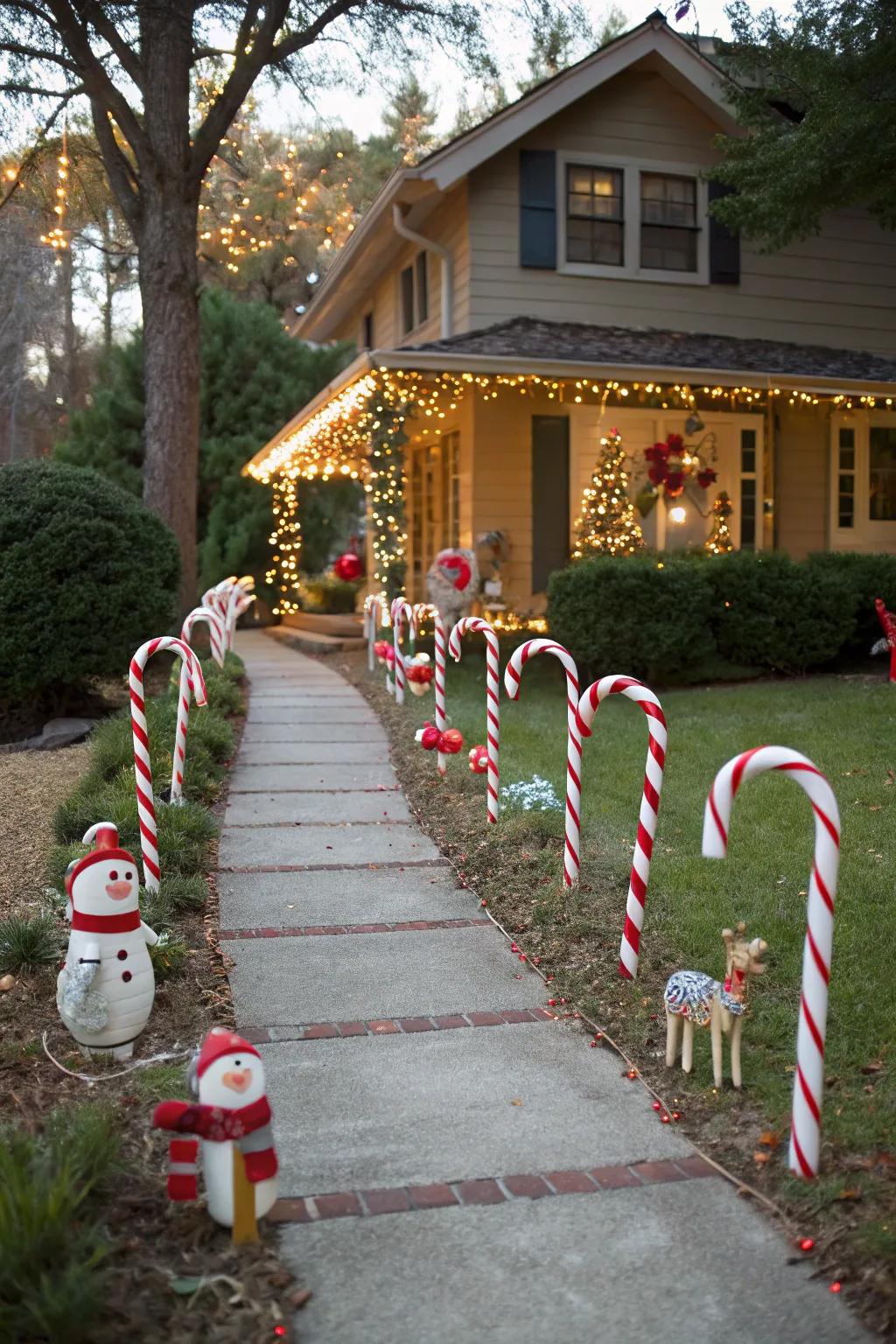 Pathway decorations guide the way to a festive entrance.