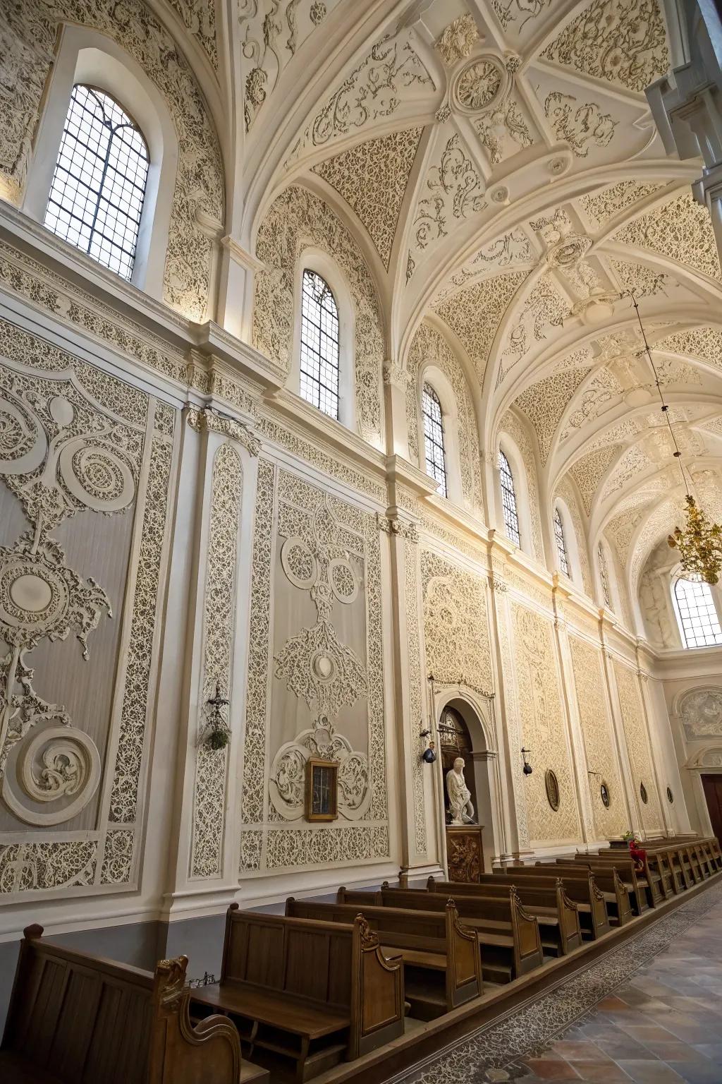 Church walls decorated with sophisticated textured panels.