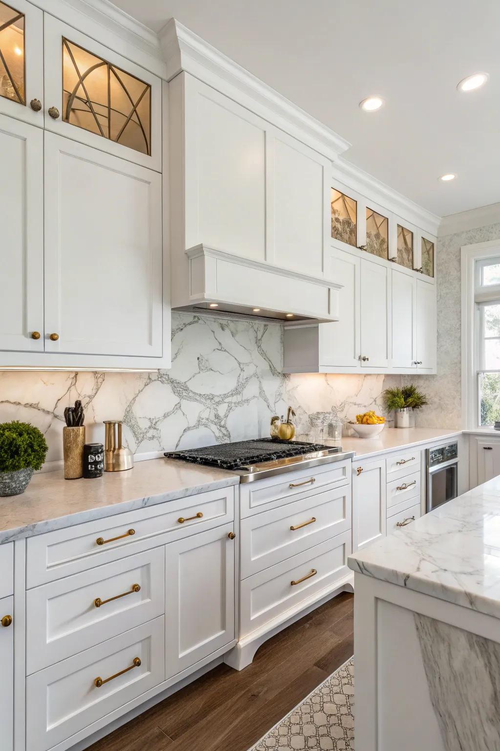 A sophisticated stone backsplash amplifies the luxury of this kitchen.