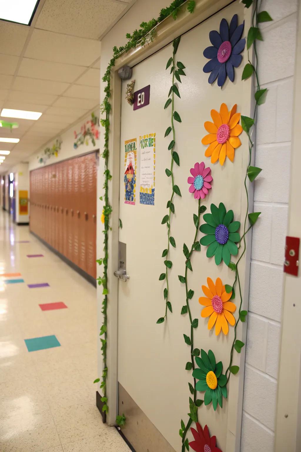 A lush flowerbed-themed classroom door featuring vibrant flowers.