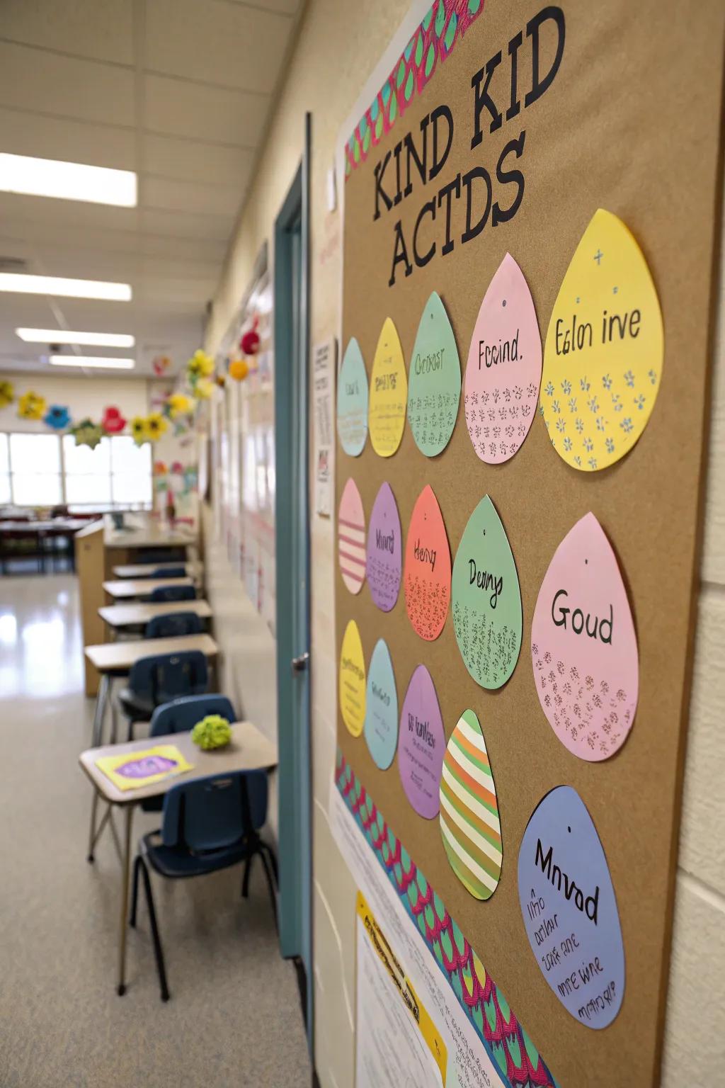 A kindness-themed bulletin board promoting good deeds through Easter eggs.