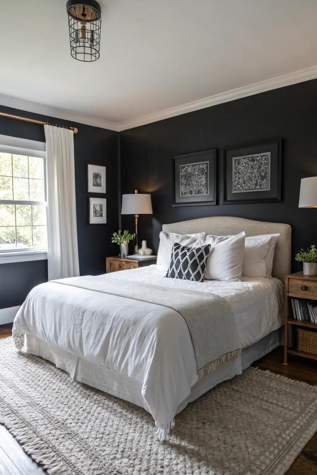 Bold black walls create a dramatic and intimate setting.