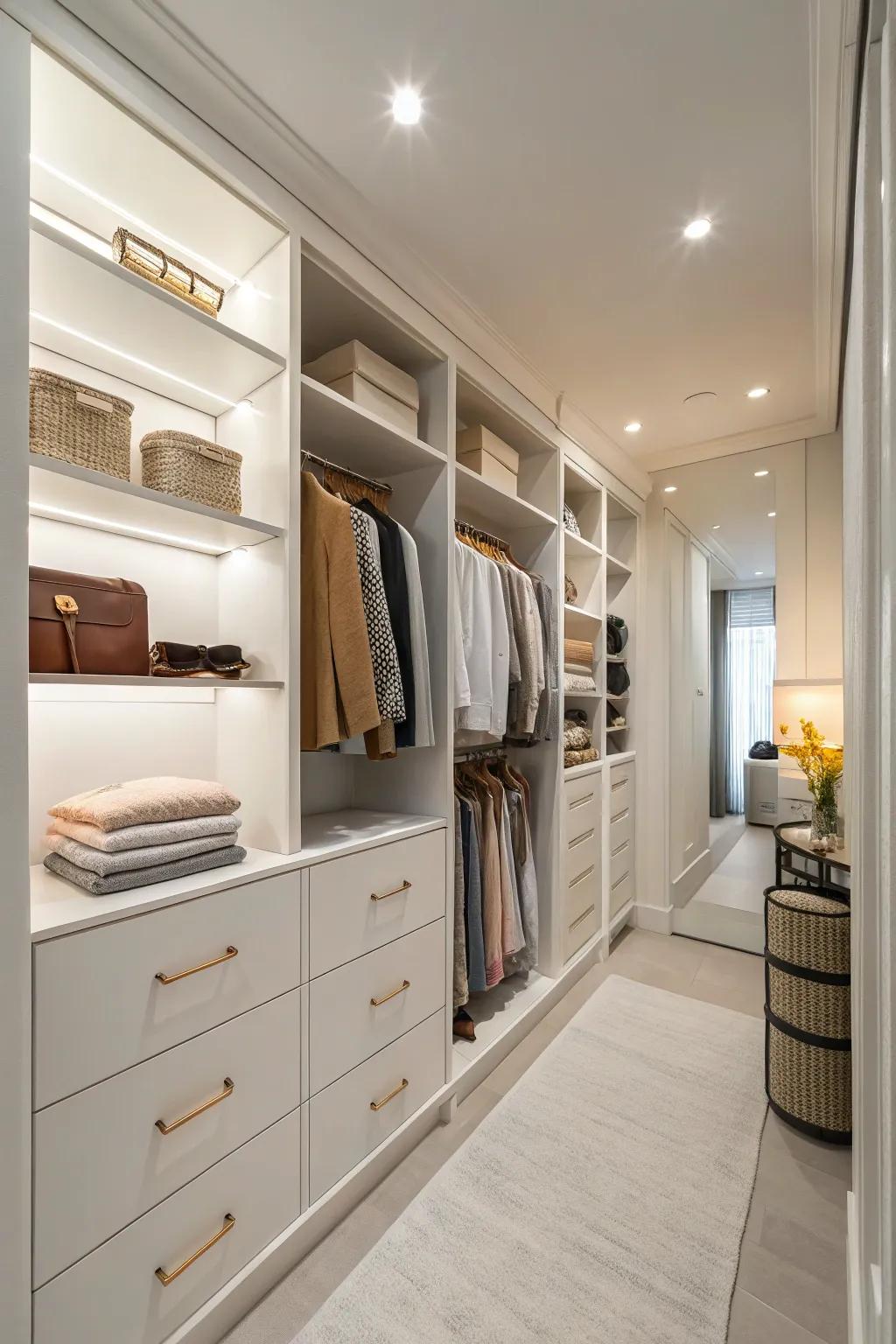 Neutral shades create an airy and attractive closet atmosphere.