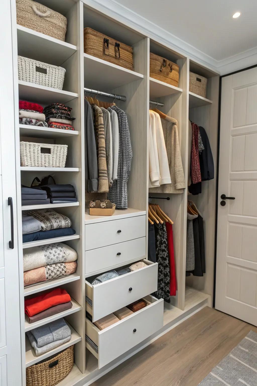 Drawer units provide hidden storage within a doorless closet.
