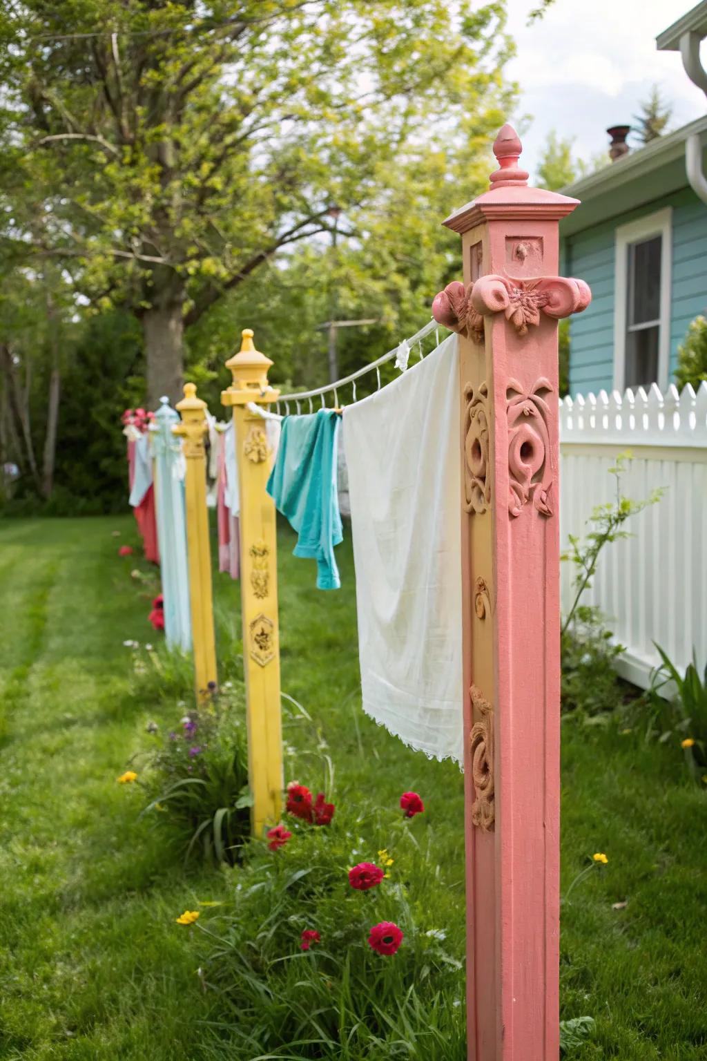 Add brightness to your clothesline by painting the support posts and adding trim.