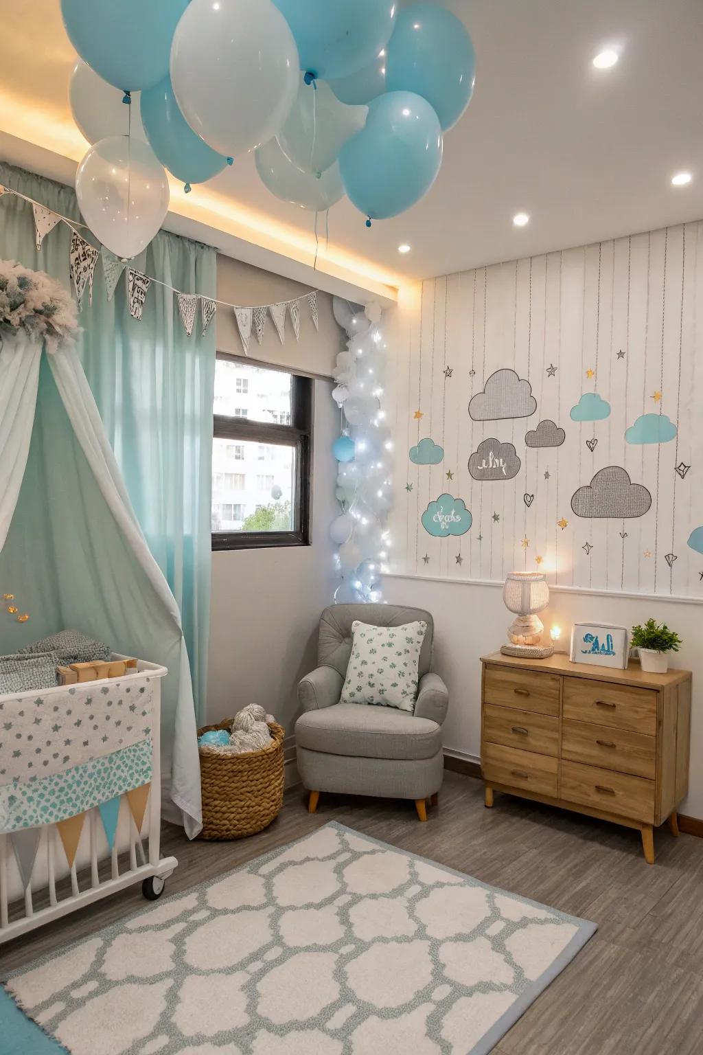 A muted color scheme crafts a serene and welcoming ambiance, immaculate for a cumulus-themed baby shower.