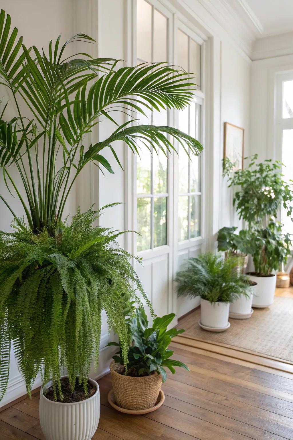 A room livened up with lush foliage and seaside decor.