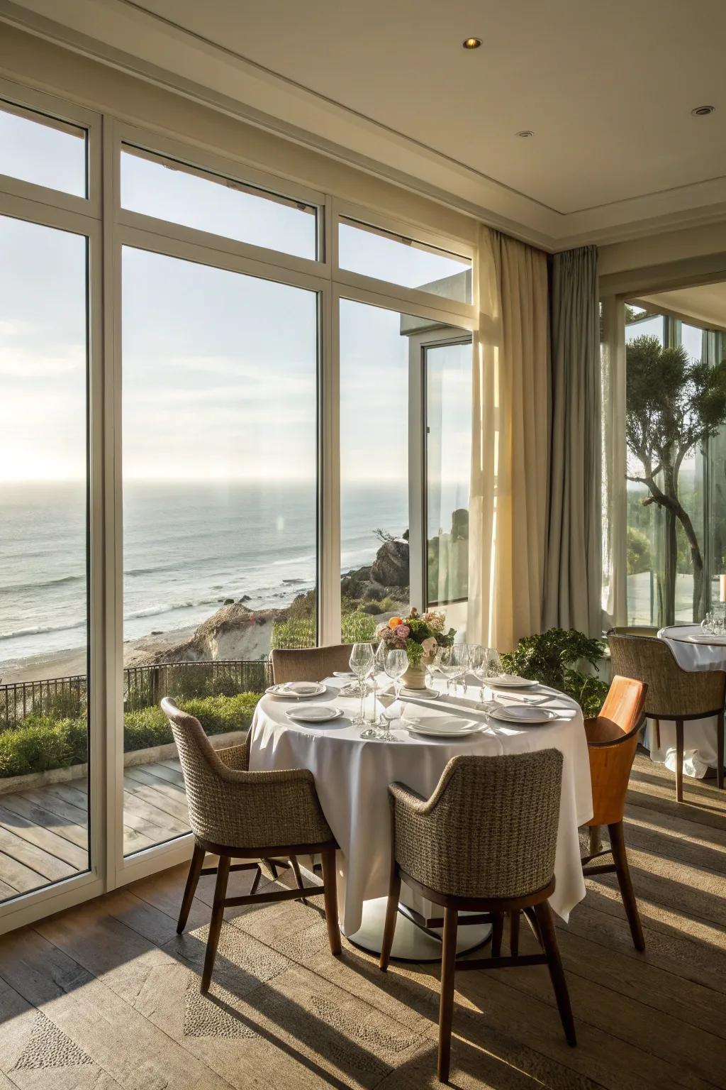 Expansive windows and minimal window coverings maintain the room's brightness and openness.