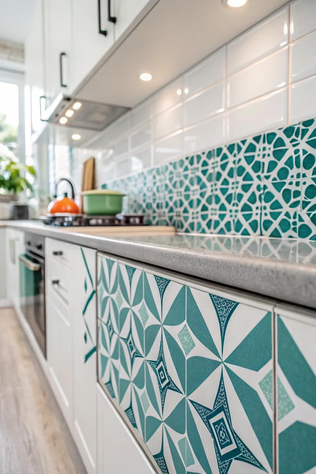 Geometric tiles inject a modern edge into coastal decor.