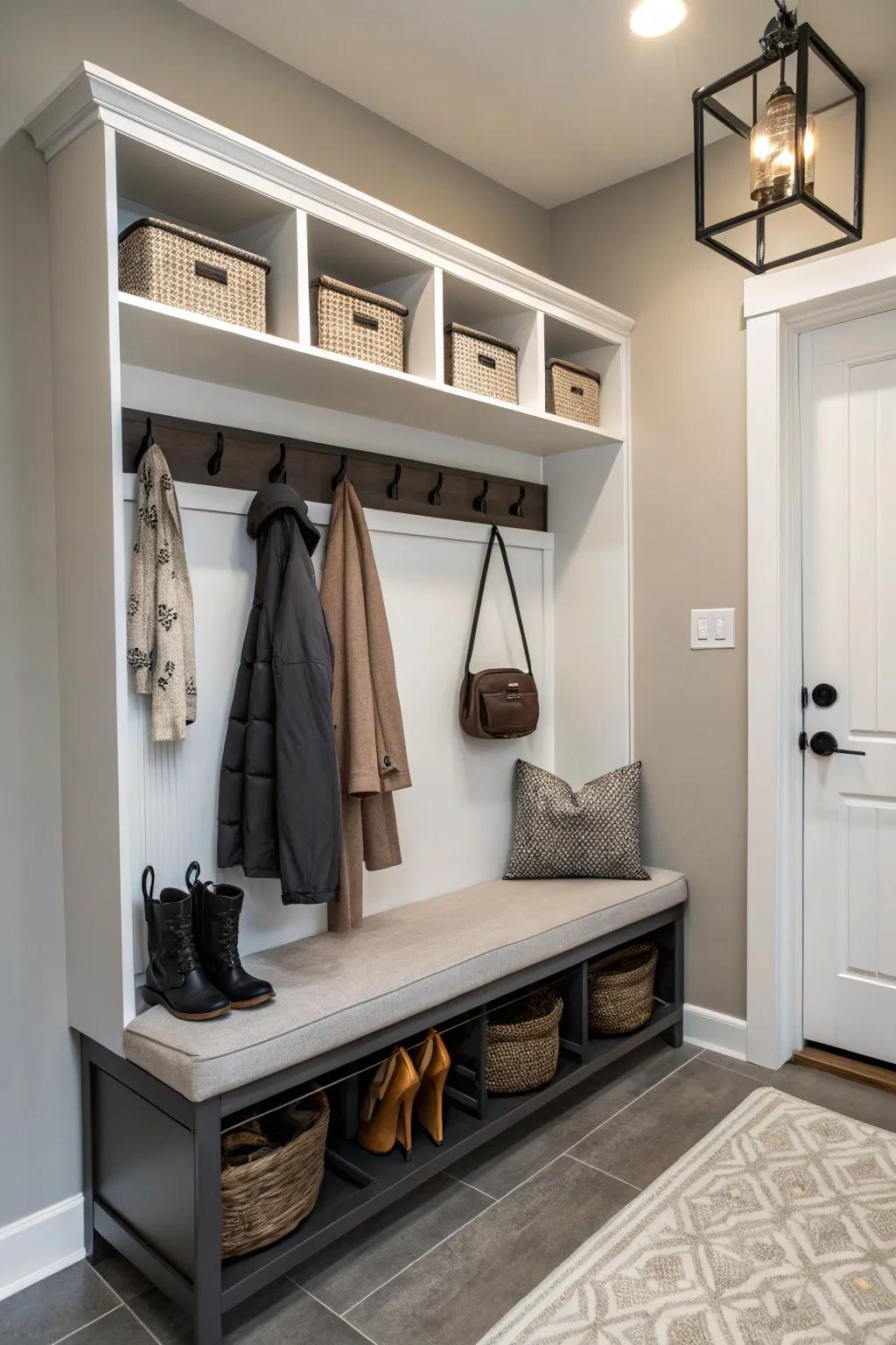 A versatile coat rack with merged shelves and seating for optimal area utilization.
