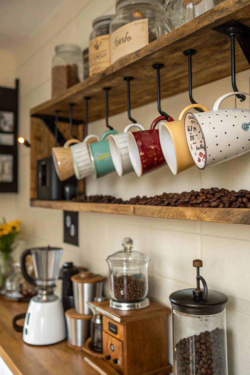 Suspend mugs under shelves to conserve area and add charm.