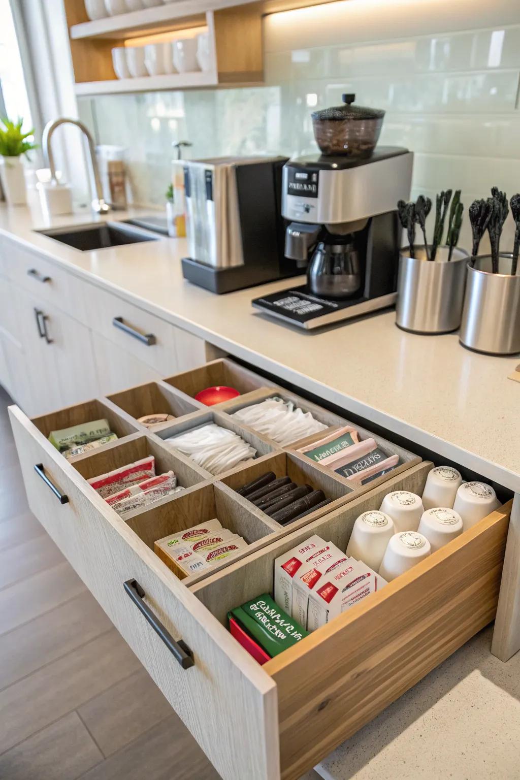Condiment sections make your coffee setup more efficient.