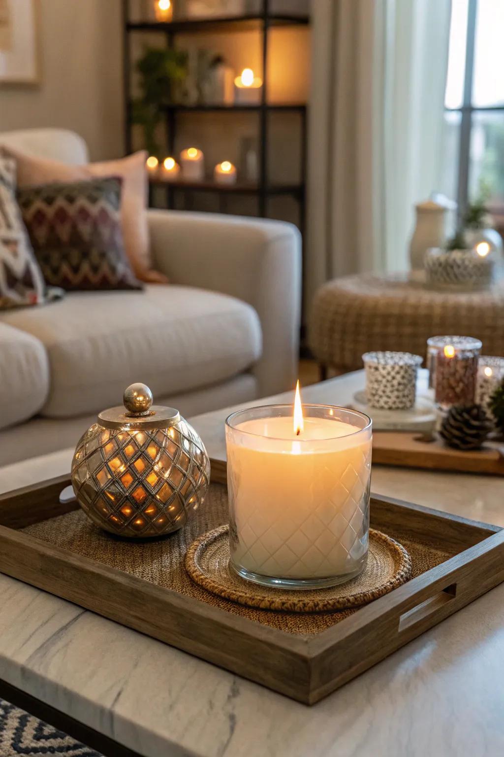 Candles bring a warm and cozy atmosphere to any coffee table.