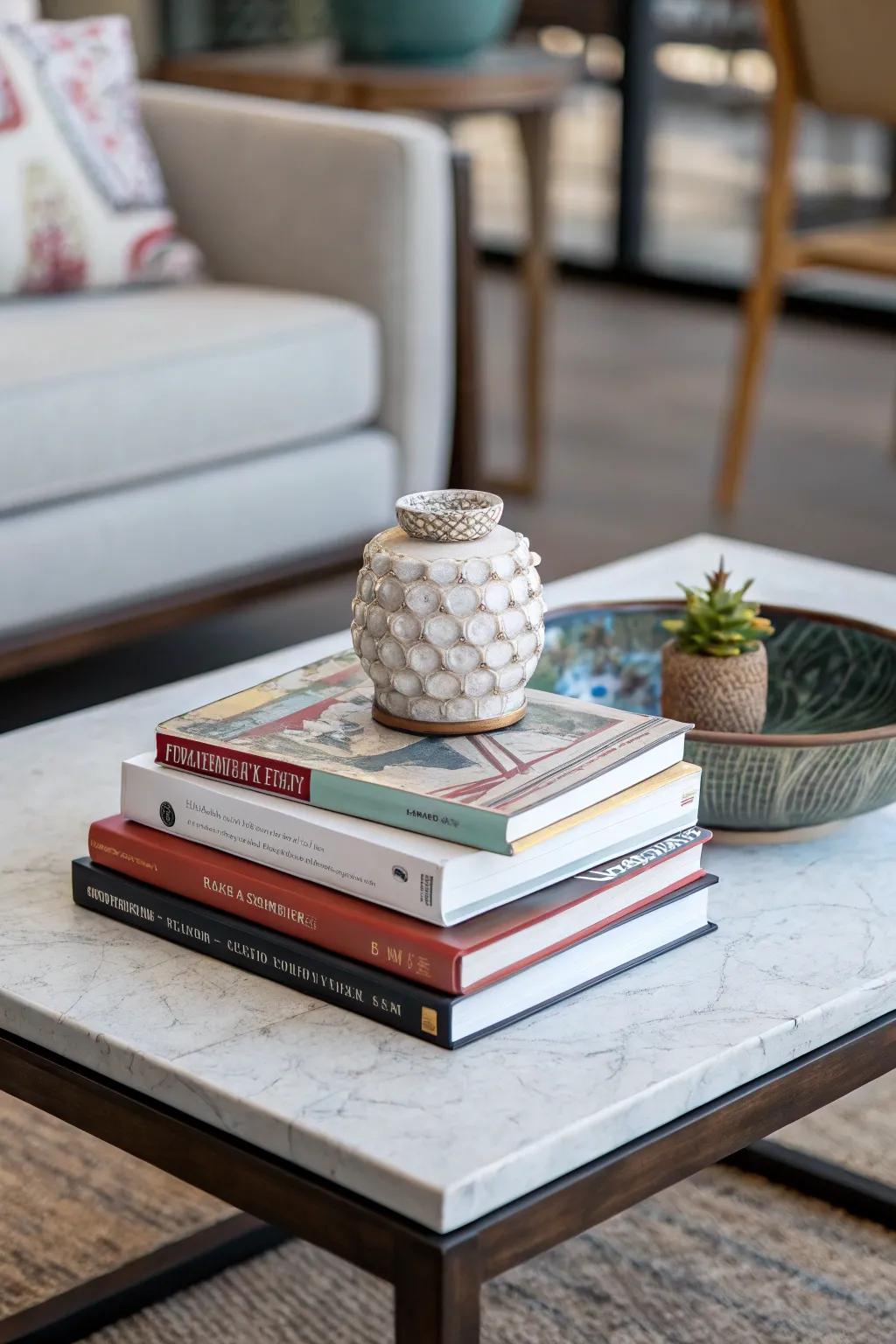 Reading materials infuse both sophistication and meaning to your coffee table.