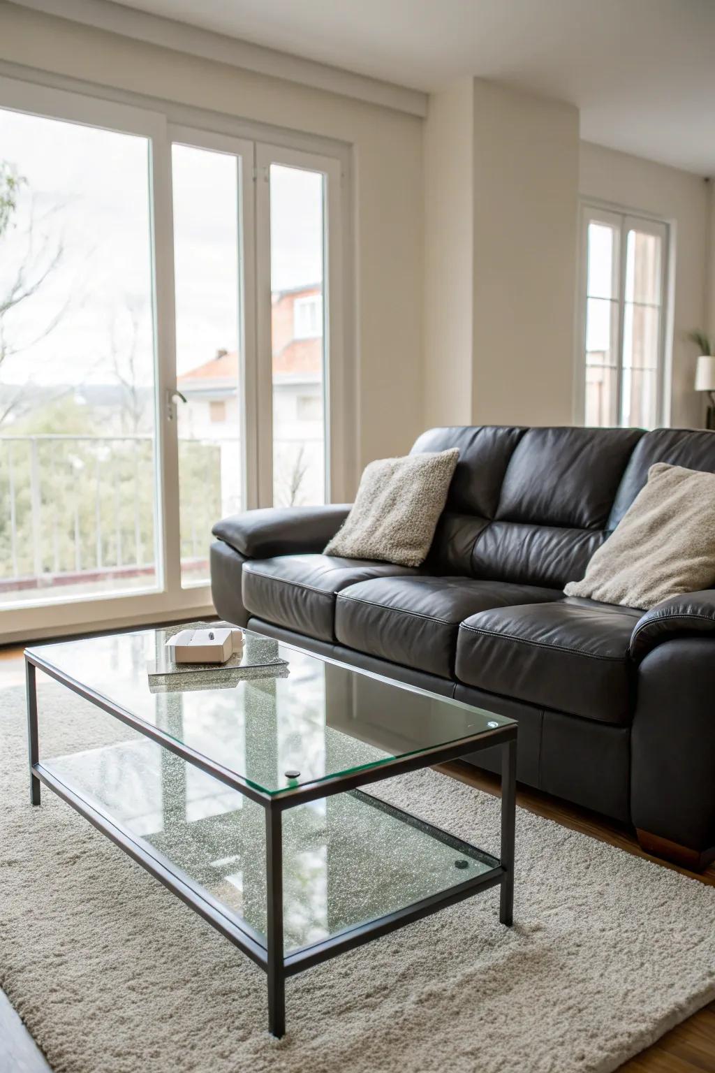 Crystal tables introduce an airy elegance to compact areas.