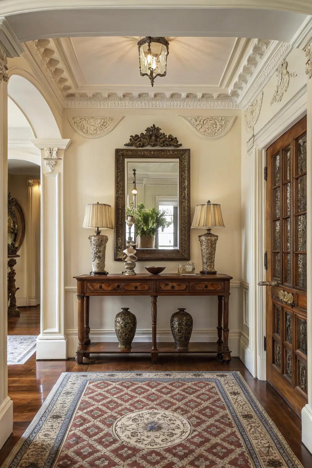 Traditional timber furniture anchors this colonial entryway.
