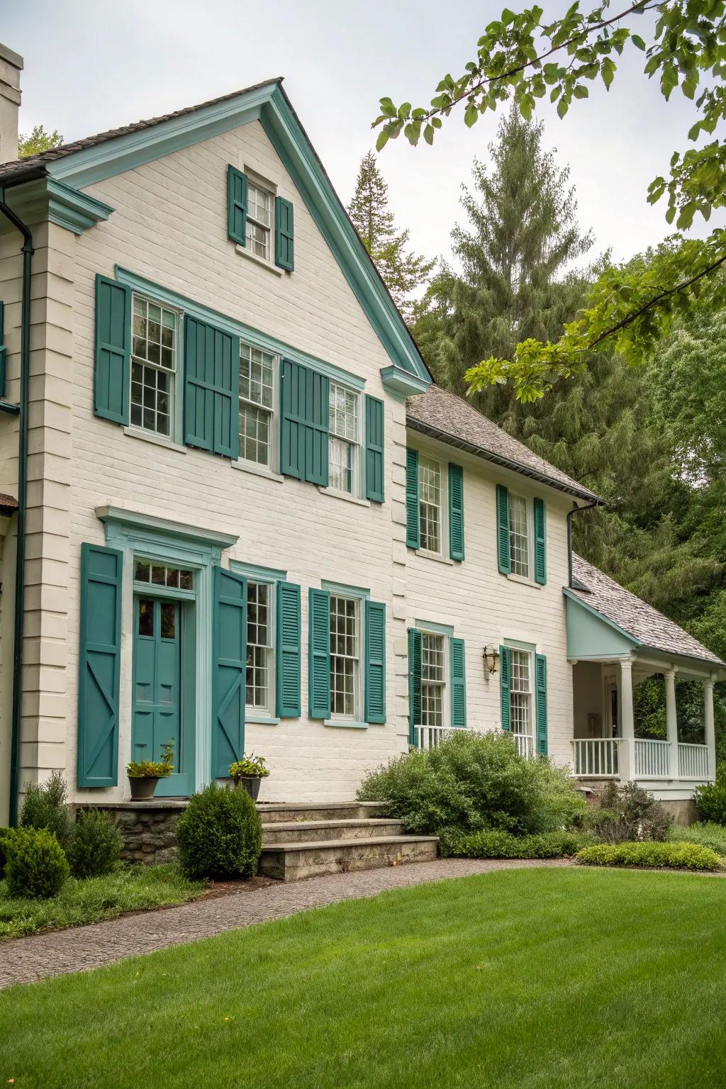 A stately colonial house with a neutral frontage and subtle blue-green details.
