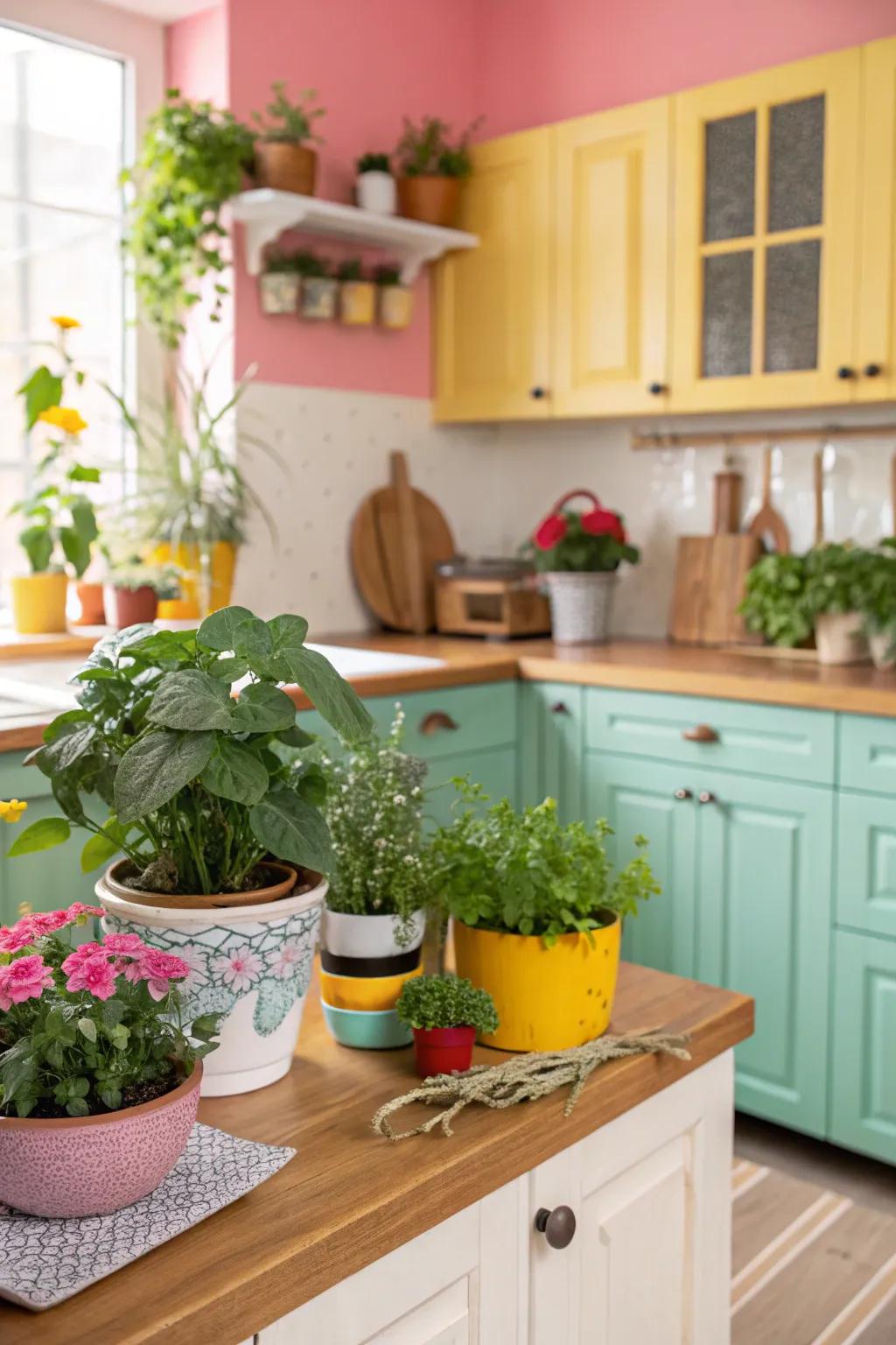 Greenery enhances the vibrant and earthy vibe of the cooking area.