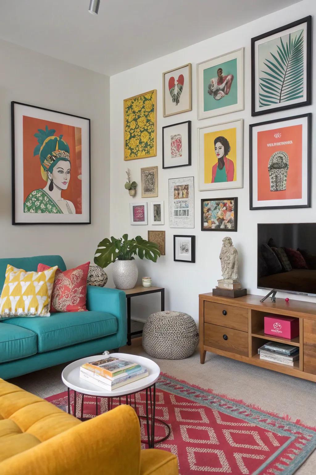 A gallery wall filled with dynamic hues imparts a personal note to the living room.
