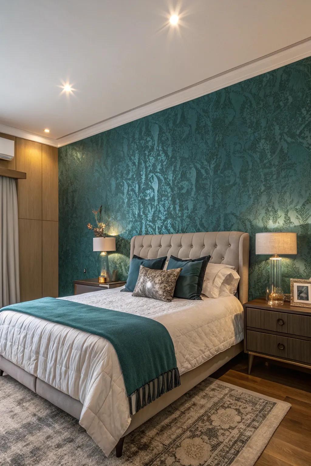 An emphasized wall contributes depth and fascination to this bedroom.