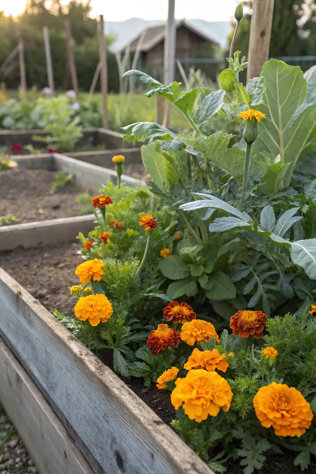 Golden blooms contribute beauty and safeguard your vegetable garden.