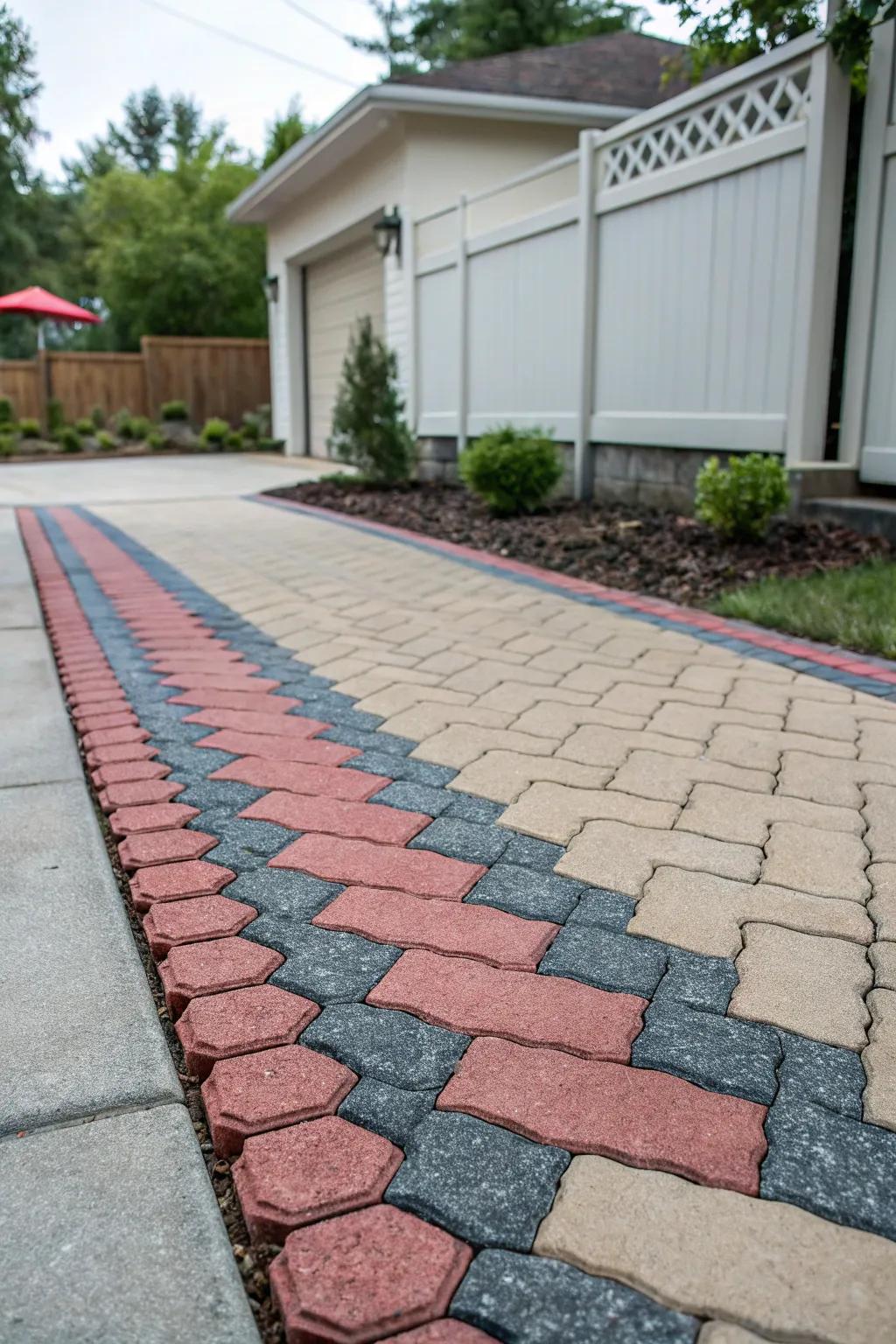 Stone pavers add a dash of beauty to this concrete driveway.