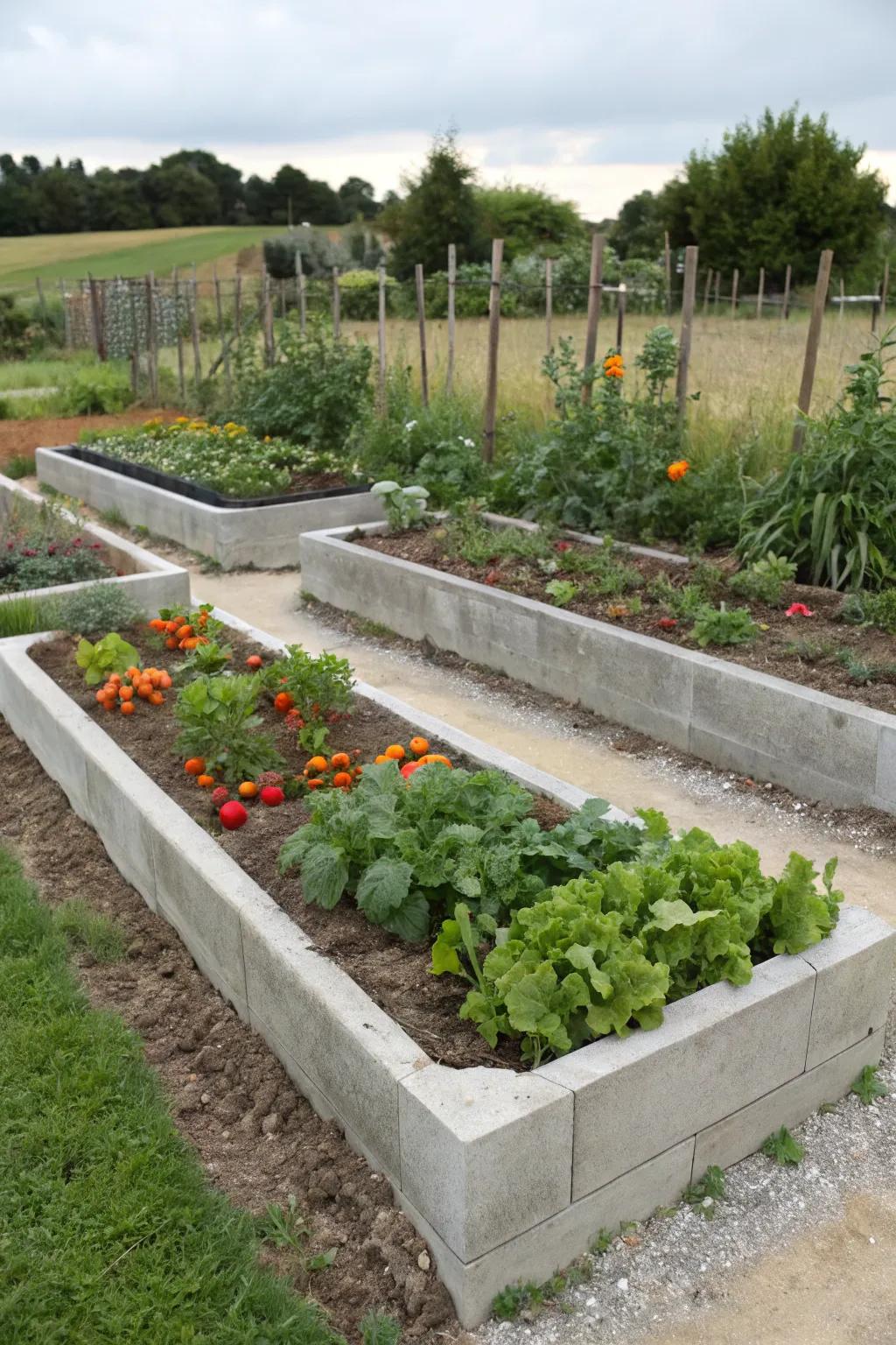 Concrete borders introduce structure to elevated garden beds.