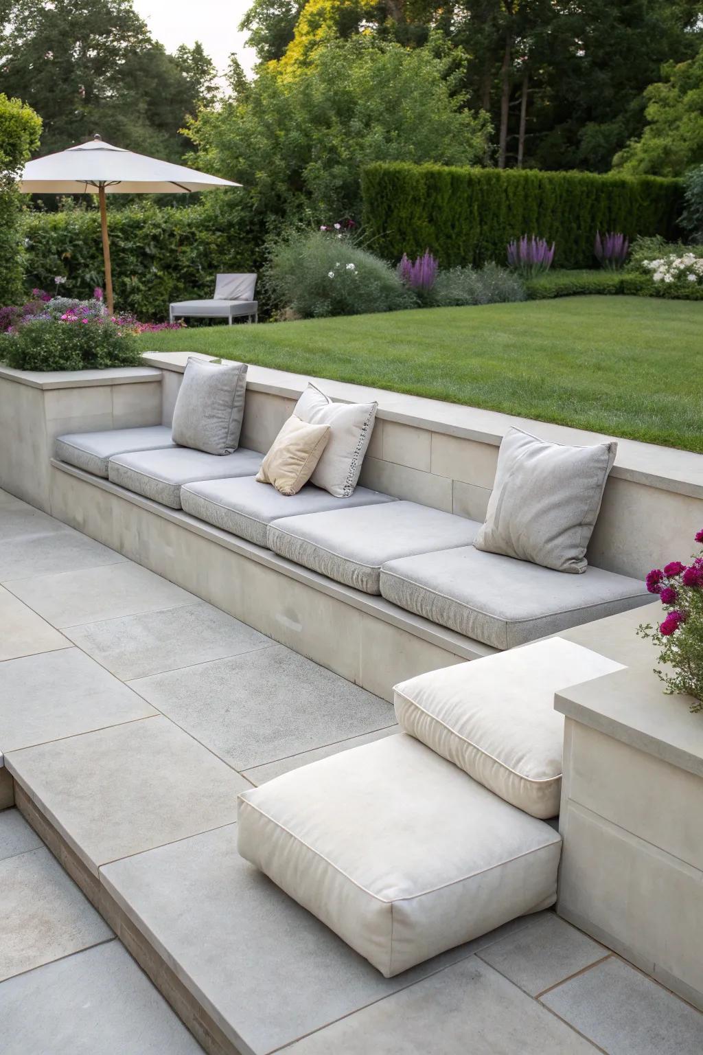 Integrated seating transforms patio borders into functional spaces.