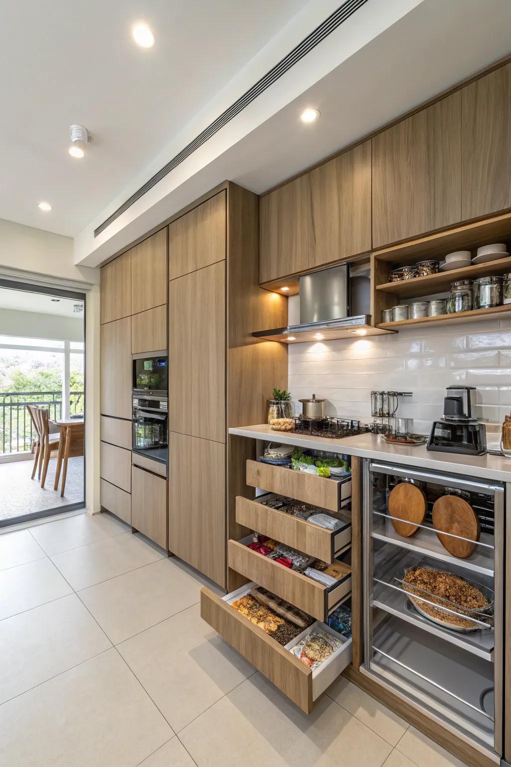 Clever storage solutions maximize the use of small kitchen areas.