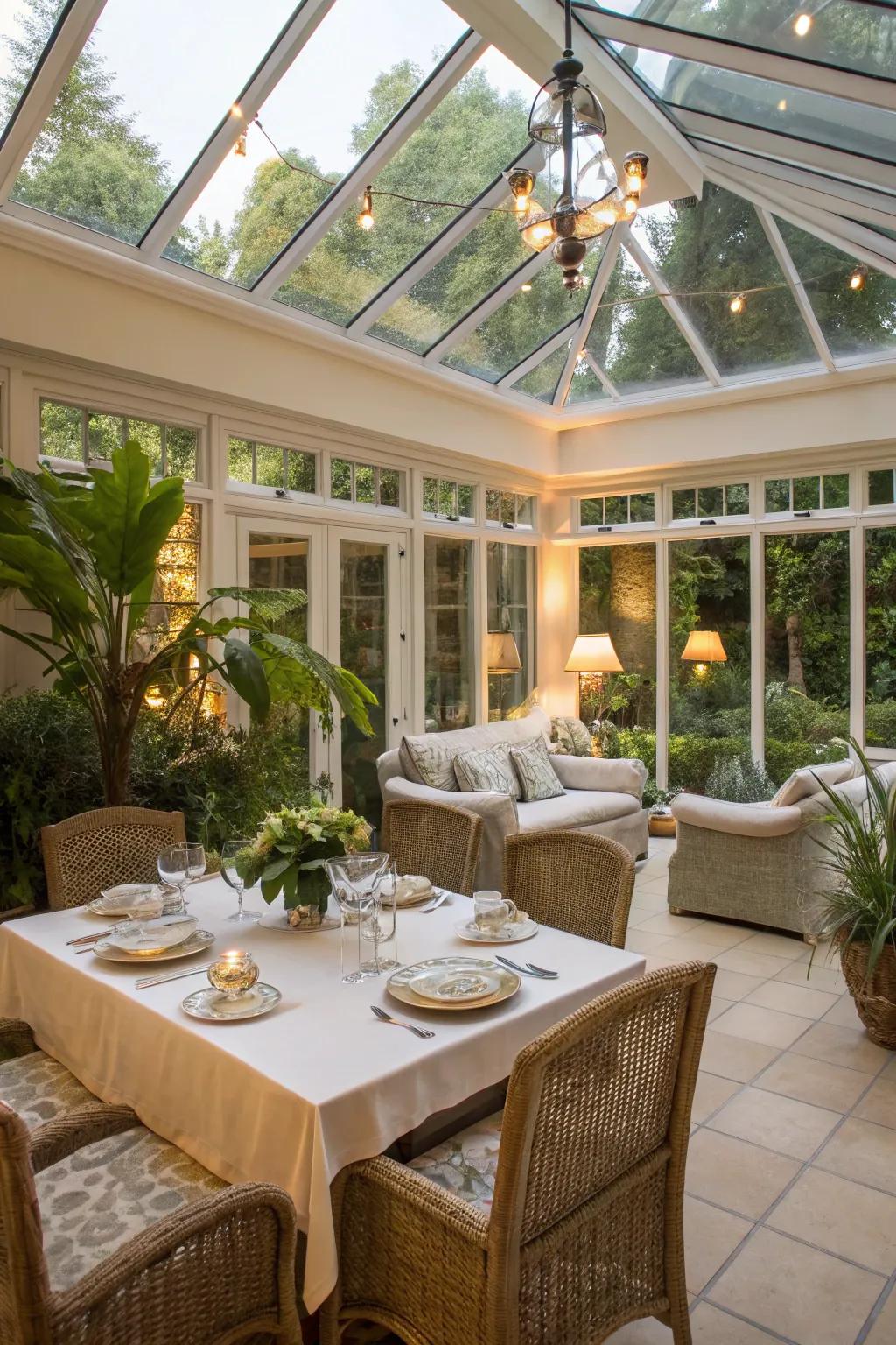 A multiuse sunroom area with zones for both dining and unwinding.