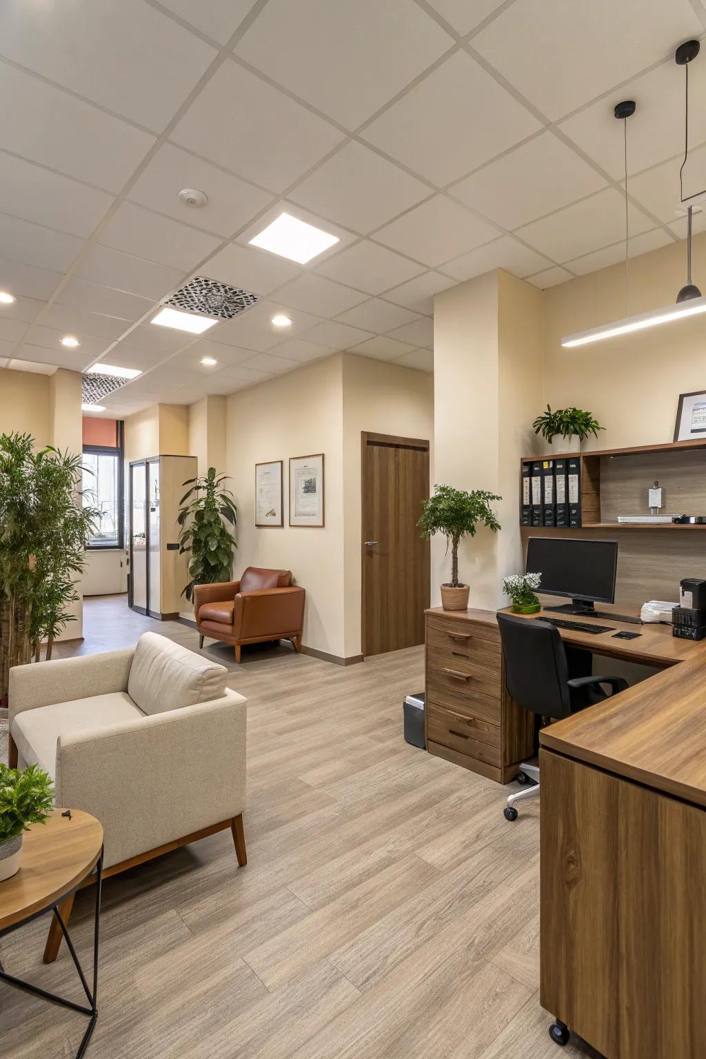 An office interior featuring a neutral color scheme with natural accents.