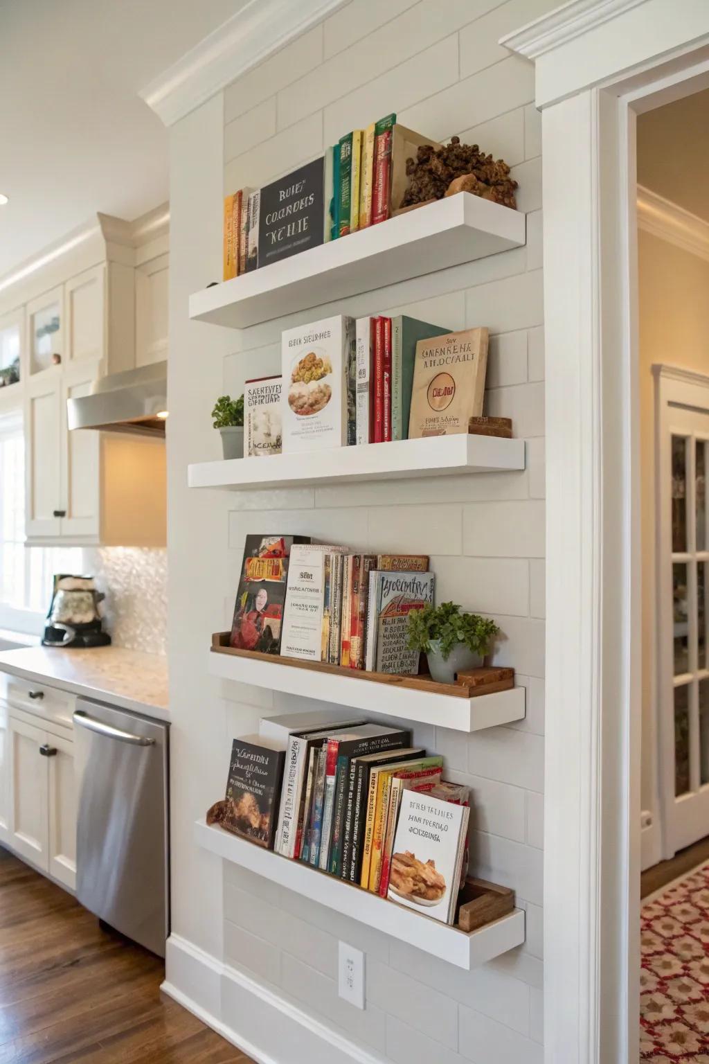 Elevated shelves offer a streamlined method to exhibit your cookbook range.
