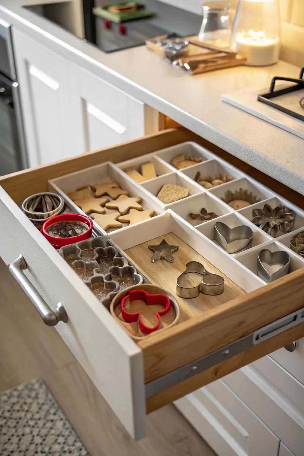 A drawer featuring dividers that sort cookie cutters by theme.