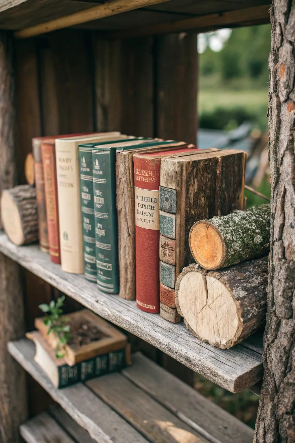Rustic log bookends add natural charm to any shelf