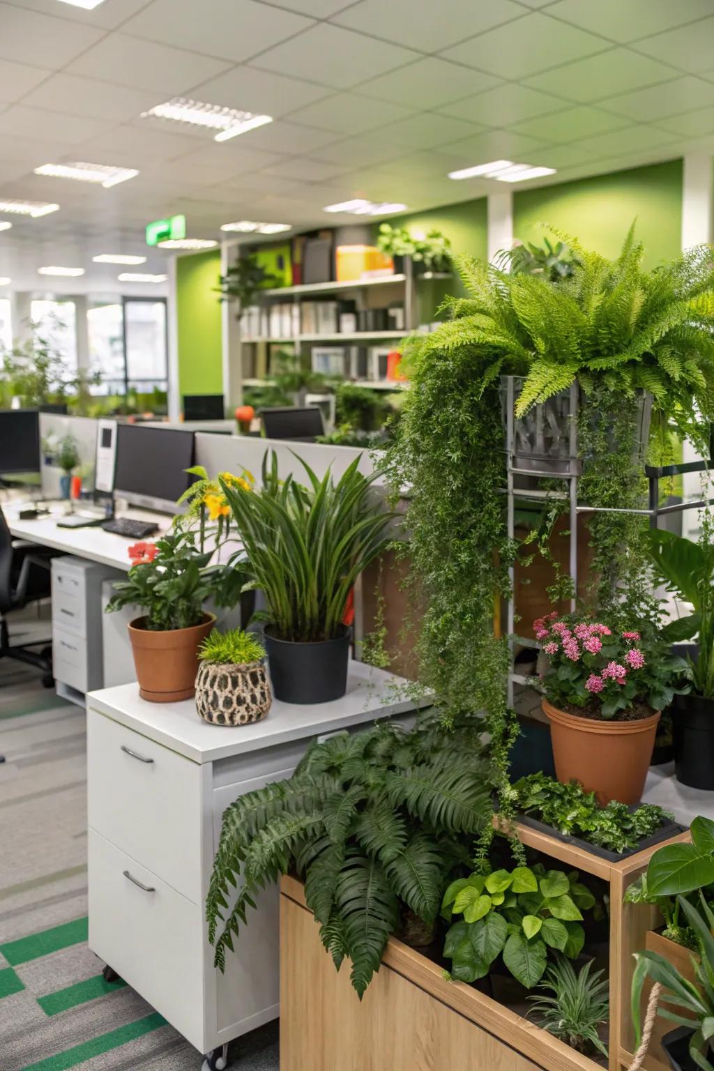Office space enhanced with abundant greenery.