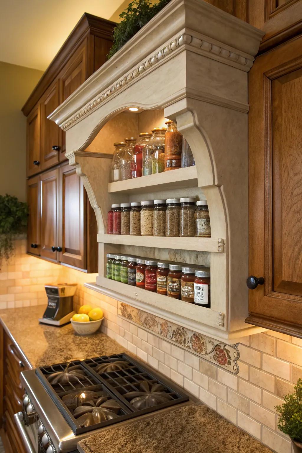 Shelves with supports ensure that culinary flavor enhancers are systematically arranged and visually appealing.