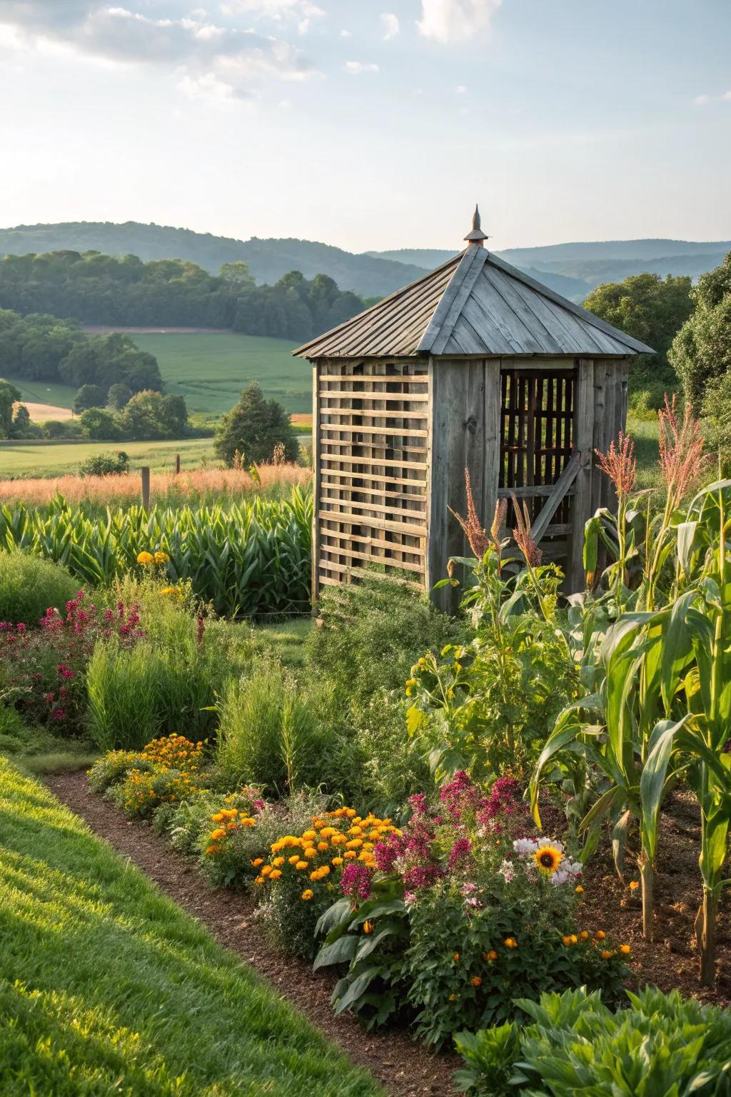 Enhance your garden with a corn crib as a stunning centerpiece.