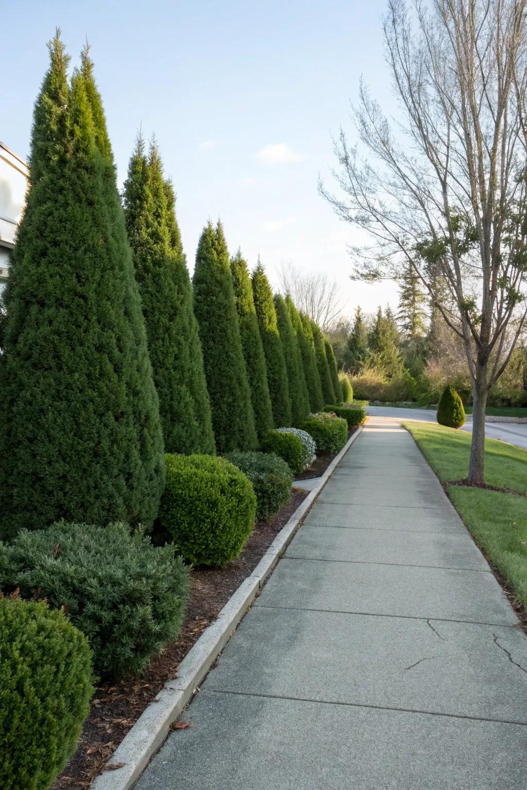 Evergreen shrubs provide a refined look to a driveway corner.