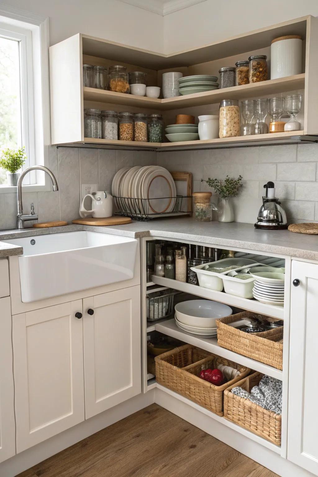 Corner cabinets and shelves offering smart storage options around a corner sink.