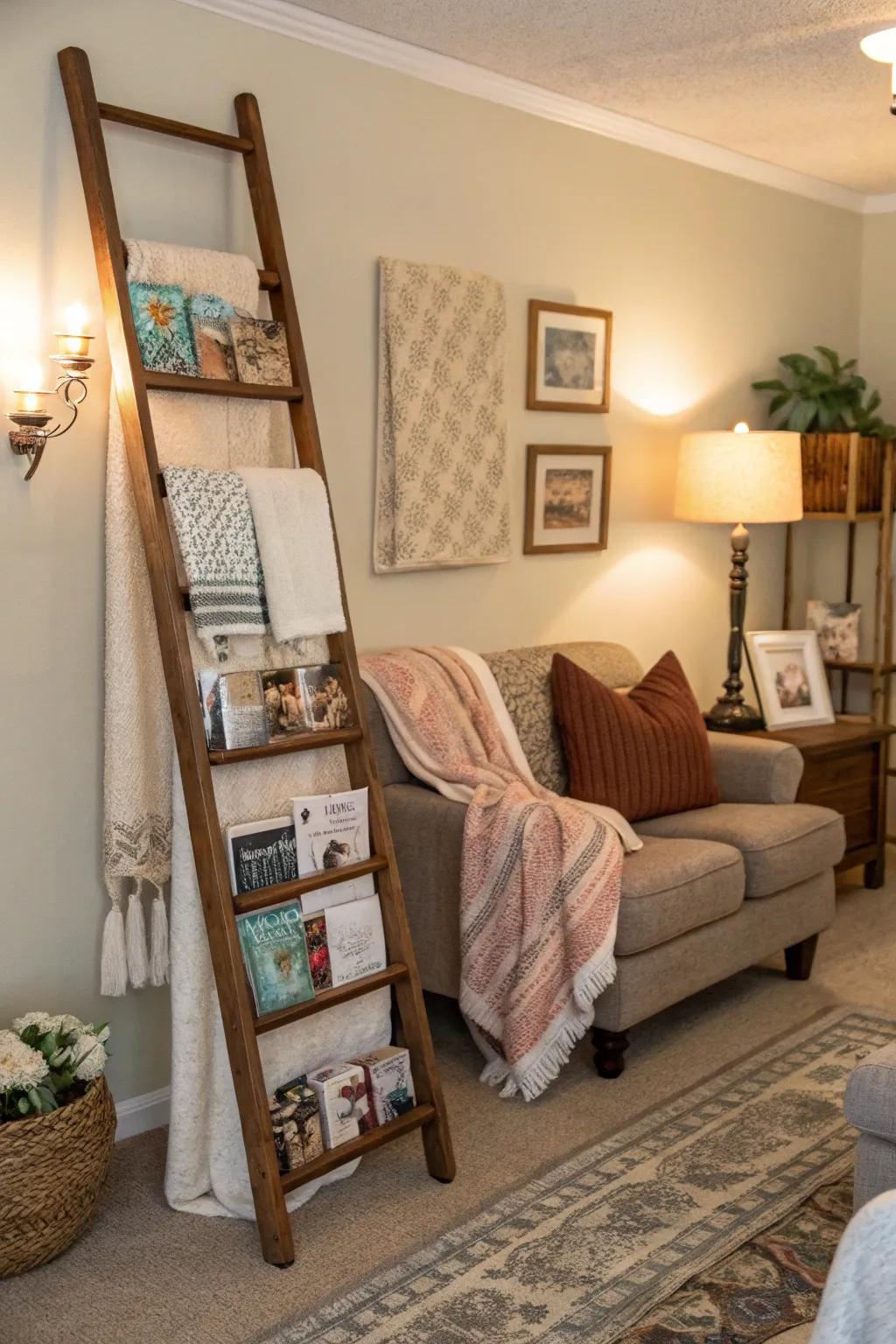 A decorative ladder adds a rustic touch and practical storage to your corner.
